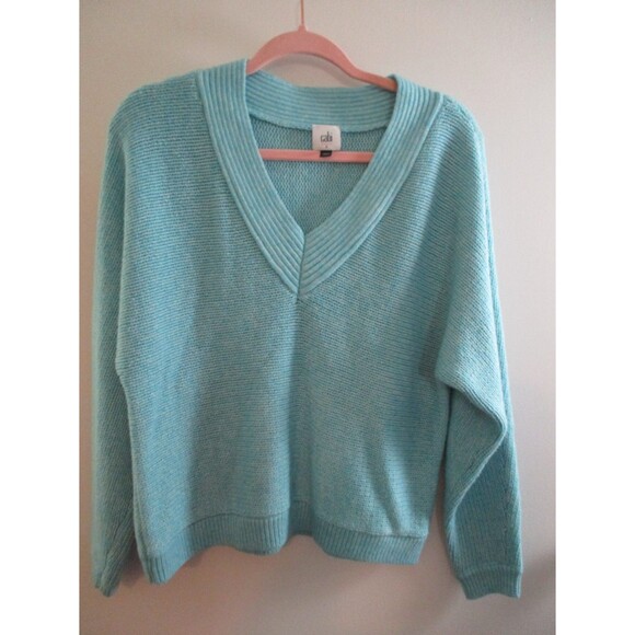 CAbi Womens Sz S Frosty Pullover Knit Sweater V-Neck Aqua Blue Style 4282 Casual - Picture 2 of 8